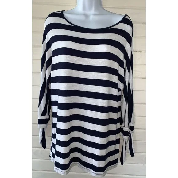 Soft Surroundings Sz XS Adrift Top Nautical Navy White Stripe Blouse Stretch EUC - Picture 3 of 8